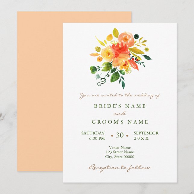 Watercolor floral orange wedding invitation (Front/Back)