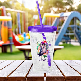 Watercolor floral owl personalised acrylic tumbler