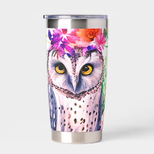 Watercolor floral owl personalised insulated tumbler