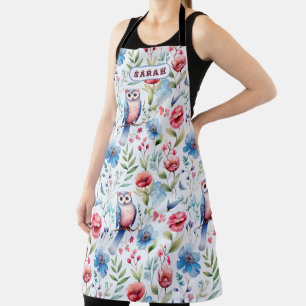 Watercolor Floral Owl Seamless Pattern Apron