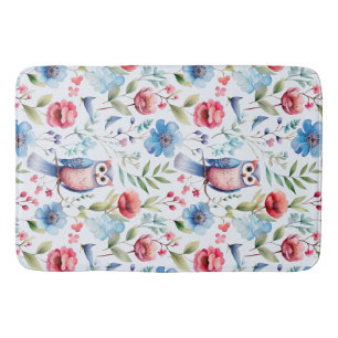 Watercolor Floral Owl Seamless Pattern Bath Mat