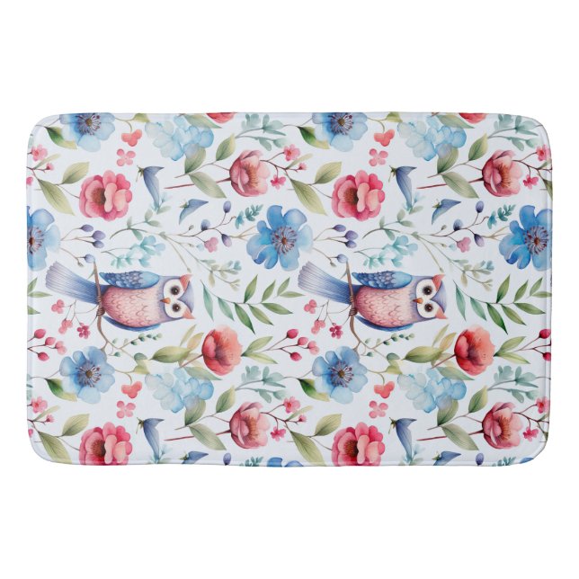 Watercolor Floral Owl Seamless Pattern Bath Mat (Front)