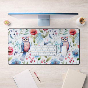 Watercolor Floral Owl Seamless Pattern Desk Mat