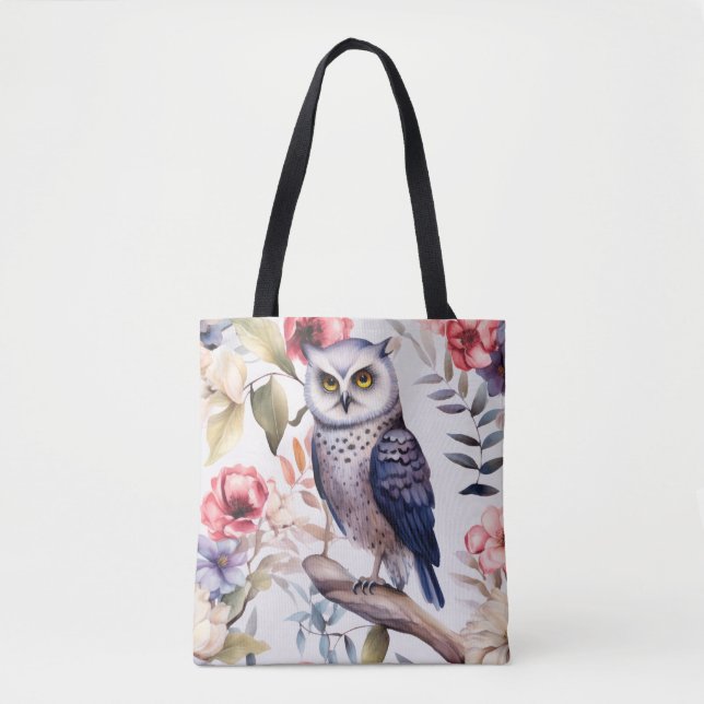 Watercolor Floral Owl Seamless Pattern Tote Bag (Front)