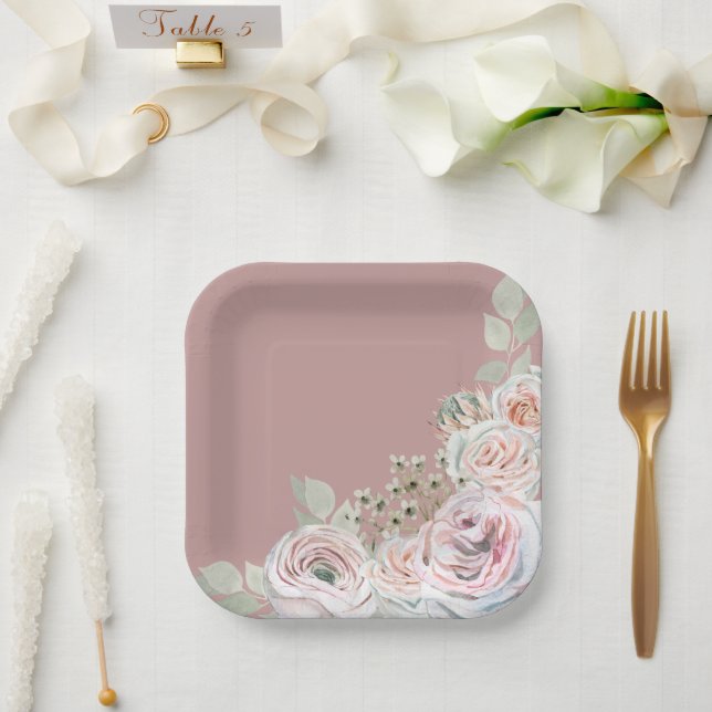Watercolor Floral Pale pink Birthday Paper Plate (Wedding)