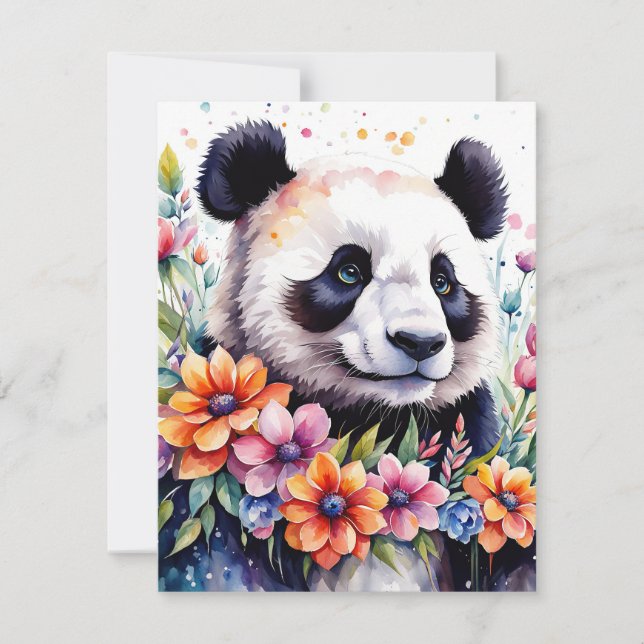 Watercolor Floral Panda Bear Greeting Card (Front)
