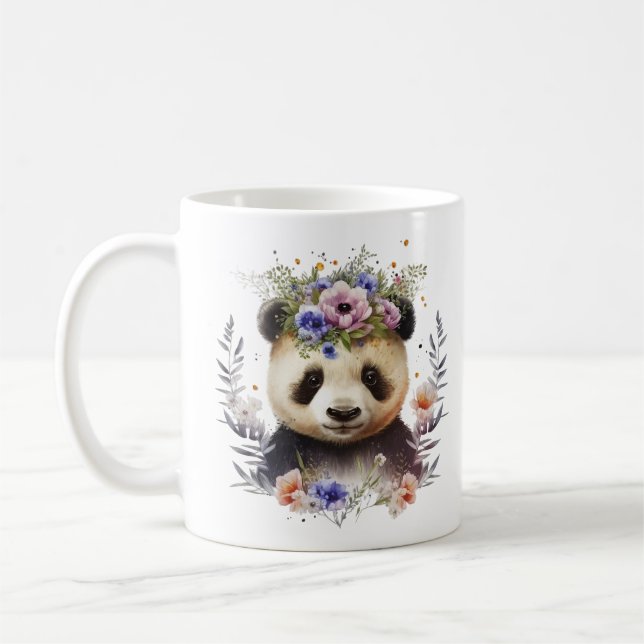 Watercolor Floral Panda Cute Coffee Mug (Left)