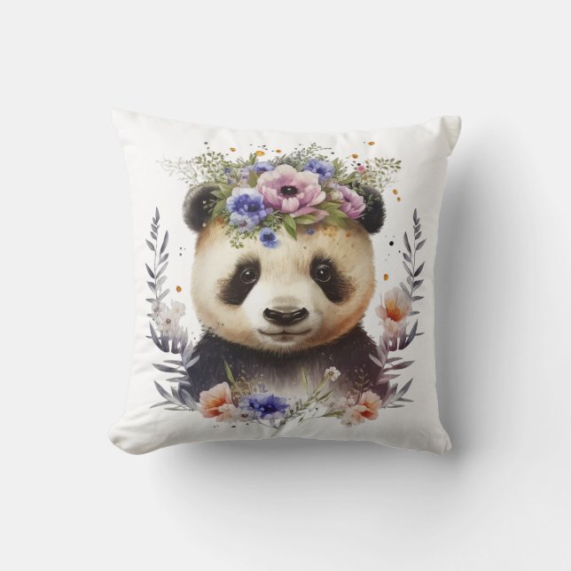 Watercolor Floral Panda Cute Cushion (Front)