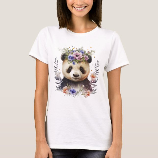 Watercolor Floral Panda Cute T-Shirt (Front)