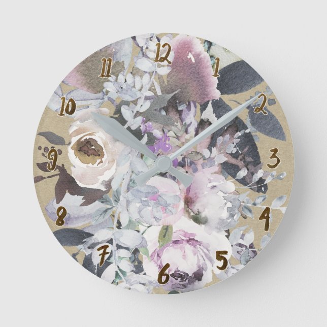 Watercolor Floral Pastel Chic Colour Splash Round Clock (Front)