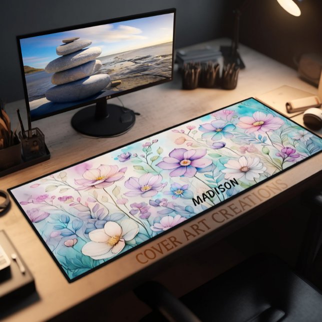 Watercolor Floral Pastel Personalised  Desk Mat (Creator Uploaded)