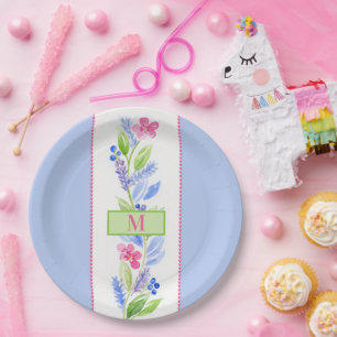 Watercolor Floral Pastels NAME INITIAL Paper Plate