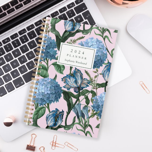 Watercolor Floral Pattern Blue Pink Monogram 2024 Planner (Creator Uploaded)