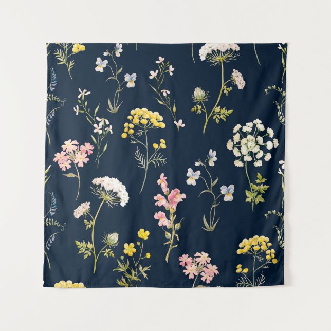 Watercolor floral pattern, delicate flower hand dr tapestry (Front)
