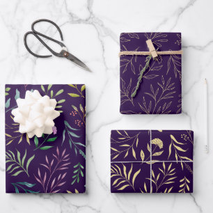 Watercolor Floral Pattern Line Art Purple Wrapping Paper Sheet