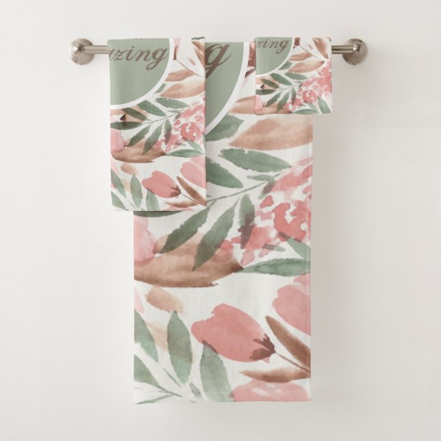 Watercolor Floral Pattern Monogram Bath Towel Set (Insitu)