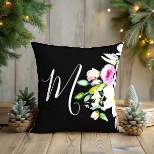 Watercolor Floral pattern monogram dark Cushion