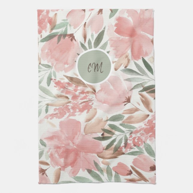 Watercolor Floral Pattern Monogram Tea Towel (Vertical)