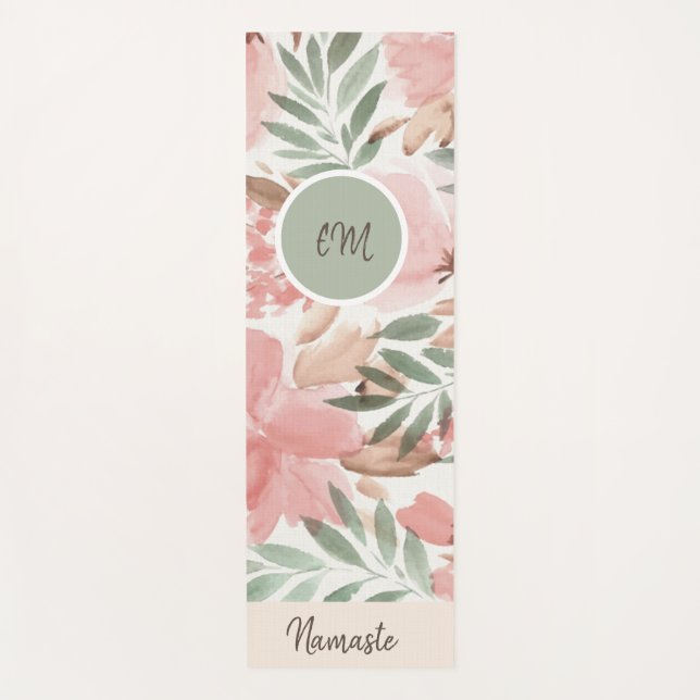 Watercolor Floral Pattern Monogram Yoga Mat (Front)