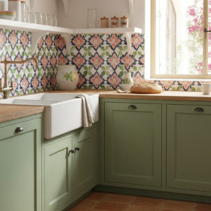 Watercolor Floral Pattern Navy Coral Green Tile