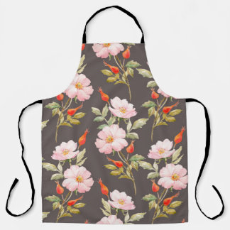 Watercolor floral pattern of dog rose and red berr apron