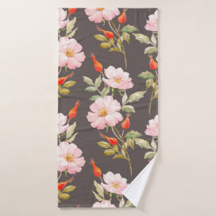 Watercolor floral pattern of dog rose and red berr bath towel