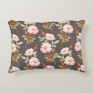 Watercolor floral pattern of dog rose and red berr decorative cushion