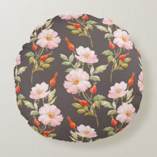 Watercolor floral pattern of dog rose and red berr round cushion
