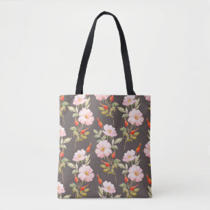Watercolor floral pattern of dog rose and red berr tote bag