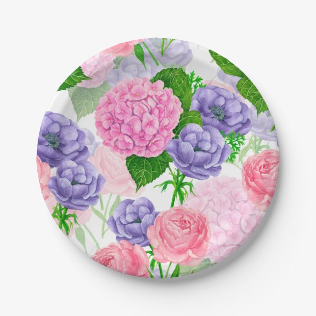 Watercolor floral pattern paper plate (Front)