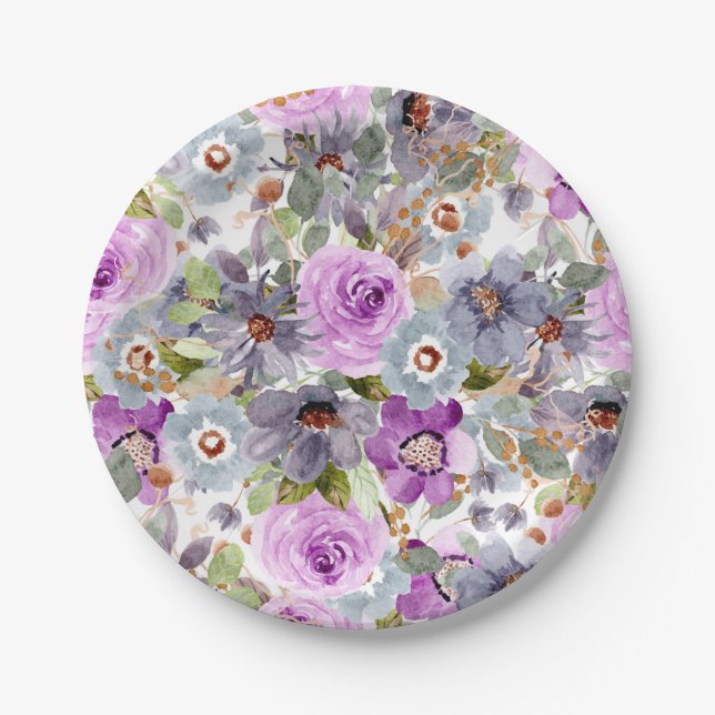 Watercolor Floral Pattern Paper Plate (Front)