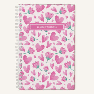 Watercolor Floral Pattern Pink Flower Cute Heart Notebook