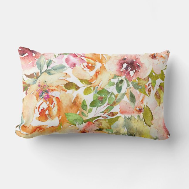 Watercolor Floral Pattern Red Rust Green Lumbar Cushion (Front)