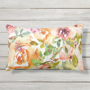 Watercolor Floral Pattern Red Rust Green Lumbar Cushion