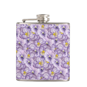 Watercolor floral pattern with violet pansies hip flask