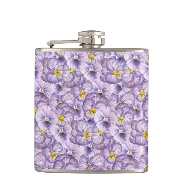 Watercolor floral pattern with violet pansies hip flask (Front)