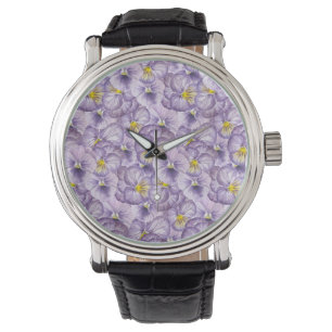 Watercolor floral pattern with violet pansies watch