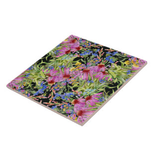 Watercolor Floral Pattern Yellow Green Pink Tile