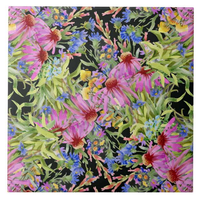 Watercolor Floral Pattern Yellow Green Pink        Tile (Front)