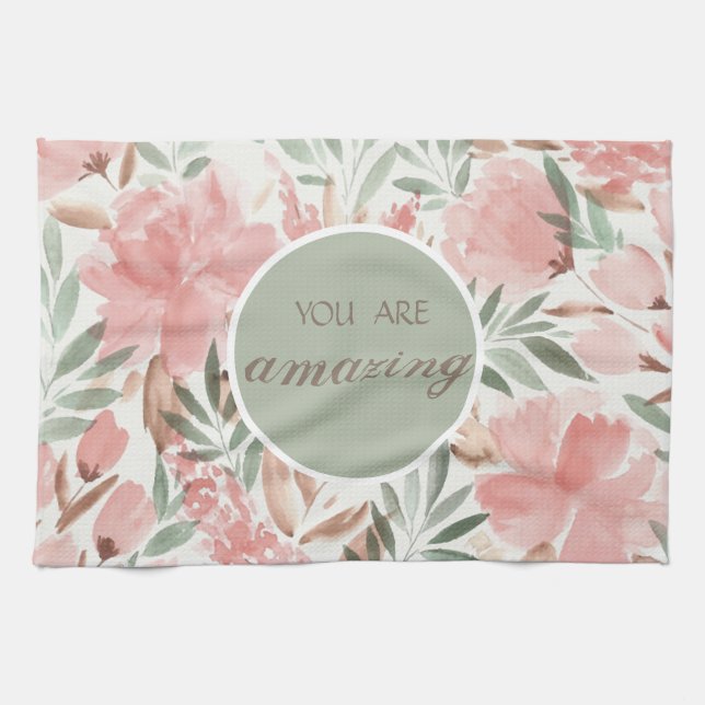 Watercolor Floral Pattern You Are Amazing Tea Towel (Horizontal)