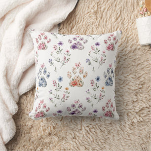 Watercolor Floral Paw Print Throw Pillow