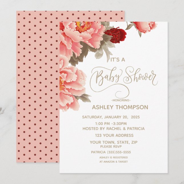   Watercolor Floral Peach Baby Shower       Invitation (Front/Back)