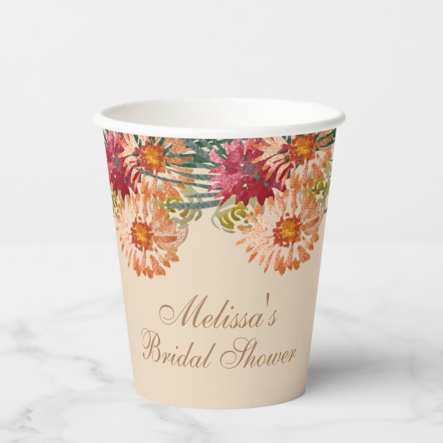 Watercolor Floral Peach Baby Shower Script Paper Cups (Front)