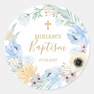 Watercolor Floral Peach Blue Baptism   Classic Round Sticker