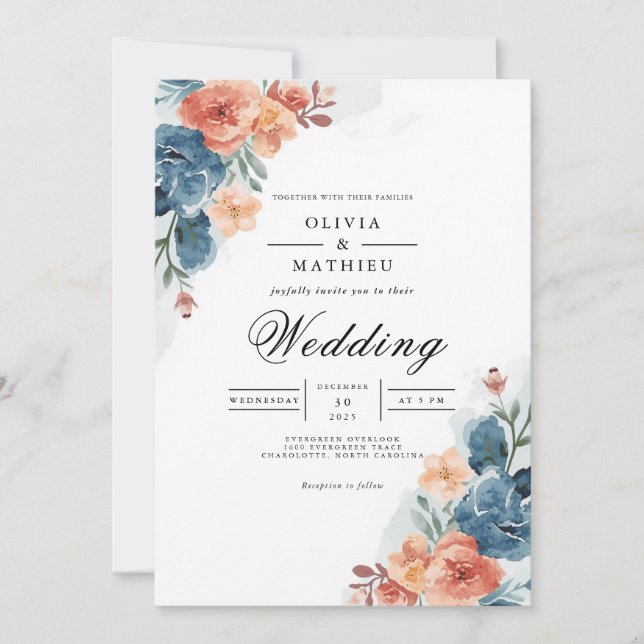 Watercolor Floral Peach Blue Wedding Invitation (Front)