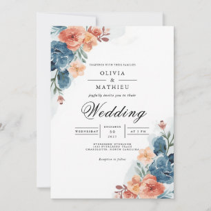 Watercolor Floral Peach Blue Wedding Invitation
