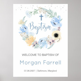 Watercolor Floral Peach Blue  welcome Baptism sign