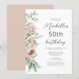 Watercolor Floral Peach Blush 50th Birthday Invitation