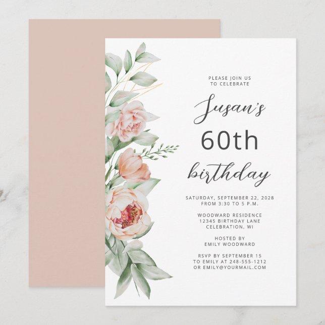 Watercolor Floral Peach Blush 60th Birthday Invitation (Front/Back)