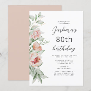 Watercolor Floral Peach Blush 80th Birthday Invitation